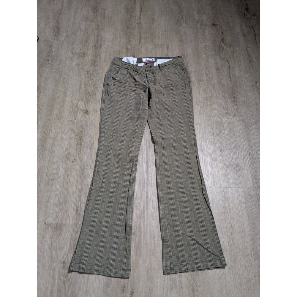 Y2K Glo Jeans Plaid Flare Pants Womens Juniors Size 3 Green Low Rise Stretch - Picture 1 of 6